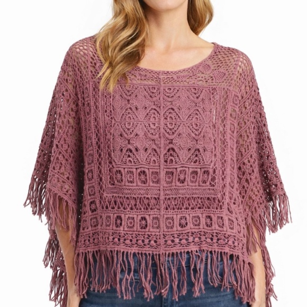 Boho Mauve Crochet Fringe Poncho | Size‎ M-L (No Tag) Cottagecore Festival